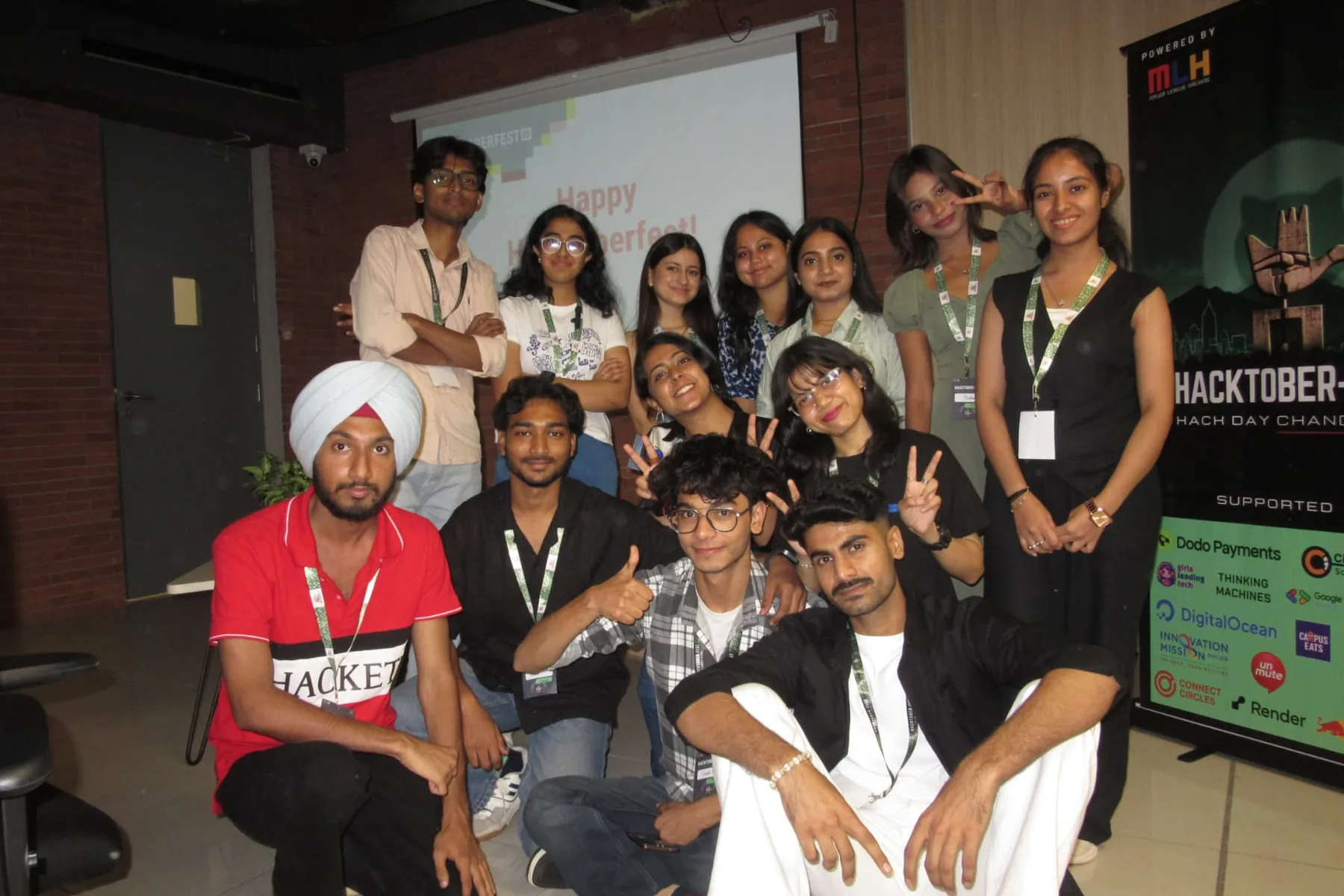 Hackers and organizers celebrating together at Hacktoberfest Hack Day Chandigarh